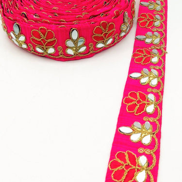 Fuchsia Pink Silk Trim With Mirrors Embellishments and Gold Embroidery, Approx. 38mm Wide, Decorative Trim Costume Trim Floral Trim By Yard